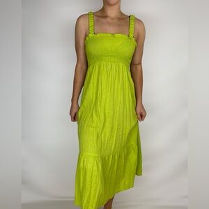 URBAN RENEWAL Eco Linen Smocked Square Neck MIDI Dress Green Lightweight
